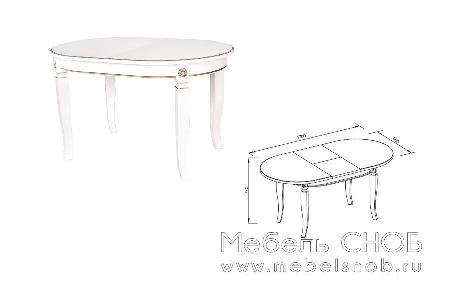 Овальный стол Афина Оро 1300х900 мм, массив бука, столешница - шпон ясеня, центральное раздвижение 400 мм, цвет белый с золотой патиной